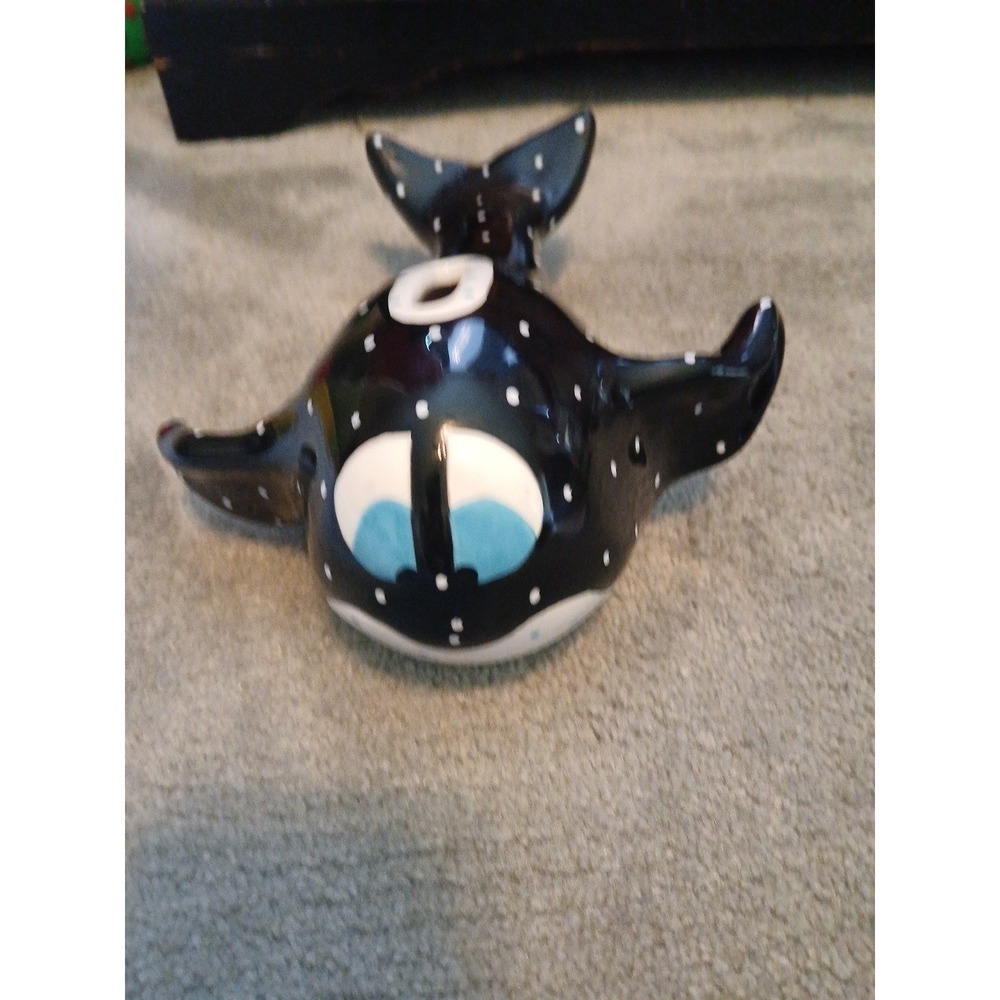 Vintage Whale Coin Bank Pati Hand Painted Porcelain China Black